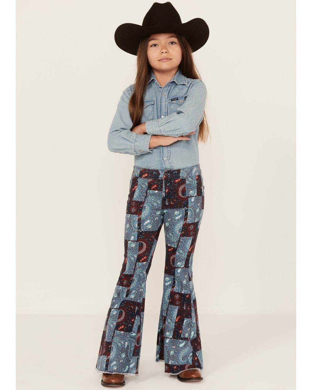 Rock & Roll Denim Girls Patchwork Print Flare Jeans Size 14